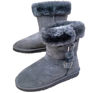 Lamo Womens Grey Suede Faux Fur Trim Buckle Mid Calf Winter Boots Sz Aprox 8